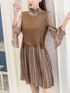 Brown Chiffon Contrast Knitted Plus Size A-Line Printed Flare Sleeve Above Knee Dress for Casual Office Party