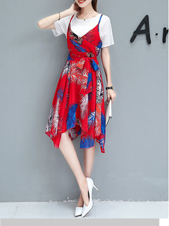 Red and White A-Line Two-Piece Knitted Chiffon Asymmetrical Hem Band Printed Dress for Casual Party Office