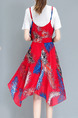 Red and White A-Line Two-Piece Knitted Chiffon Asymmetrical Hem Band Printed Dress for Casual Party Office