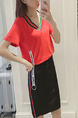 Red and Black Loose Contrast Linking V Neck Drawstring Above Knee Dress for Casual