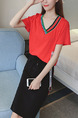 Red and Black Loose Contrast Linking V Neck Drawstring Above Knee Dress for Casual