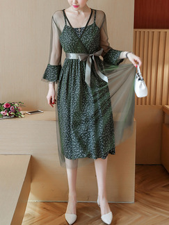 Green A-Line Slim Mesh Linking Band Printed Knee Length Long Sleeve Dress for Casual Party Evening