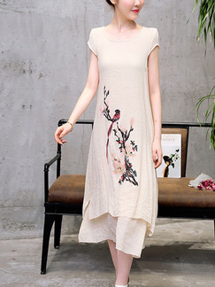 Beige Literary Loose Plus Size Located Printing Two-Layered Midi Dress for Casual Party