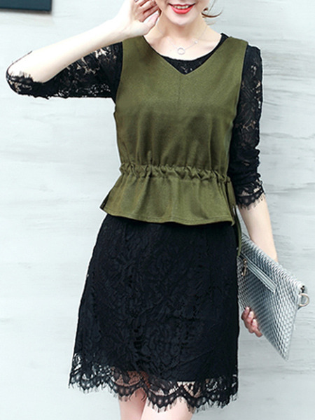Black and Green Plus Size V Neck Lace Contrast Furcal Band Two-Piece Above Knee Dress for Casual Office Evening Party