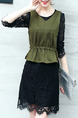 Black and Green Plus Size V Neck Lace Contrast Furcal Band Two-Piece Above Knee Dress for Casual Office Evening Party
