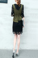 Black and Green Plus Size V Neck Lace Contrast Furcal Band Two-Piece Above Knee Dress for Casual Office Evening Party