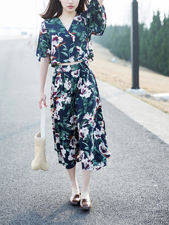 Blue Green and White V Neck Printed Two-Piece Drawstring Floral Midi Dress for Casual