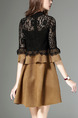 Brown and Black Plus Size A-Line Slim Round Neck Lace Suede Pleated Linking Contrast Flare Sleeve Above Knee Dress for Casual Office Evening Party