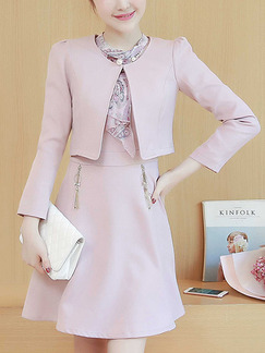 Pink Slim A-Line Two-Piece Linking Printed Zipped Cute Plus Size Long Sleeve Dress for Casual Party Office Evening