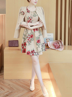 Beige Red Slim A-Line Two-Piece V Neck Printed Floral Above Knee Long Sleeve Dress for Casual Office Evening