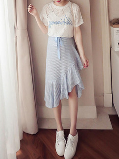 White and Blue Lace Chiffon Slim Embroidery Asymmetrical Hem Ruffled Printed Knee Length Dress for Casual