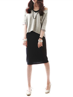 Grey and Black Knitted Two-Piece V Neck Contrast Over-Hip Knee Length Dress for Casual Office Evening
