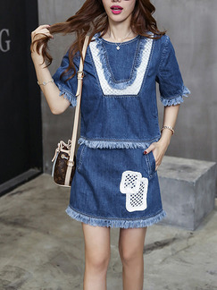 Blue Denim Two-Piece Contrast Linking Tassels Above Knee Dress for Casual