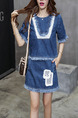 Blue Denim Two-Piece Contrast Linking Tassels Above Knee Dress for Casual
