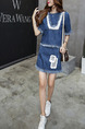 Blue Denim Two-Piece Contrast Linking Tassels Above Knee Dress for Casual