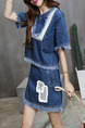Blue Denim Two-Piece Contrast Linking Tassels Above Knee Dress for Casual