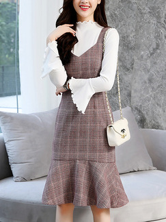 Brown and White Slim Two-Piece Strap Grid Ruffled Flare Sleeve Contrast Long Sleeve Knee Length Dress for Casual Office Evening