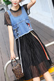 Blue and Black Denim Two-Piece A-Line Contrast Drawstring Pleated Edging Midi Dress for Casual Party
