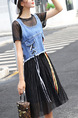 Blue and Black Denim Two-Piece A-Line Contrast Drawstring Pleated Edging Midi Dress for Casual Party