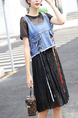 Blue and Black Denim Two-Piece A-Line Contrast Drawstring Pleated Edging Midi Dress for Casual Party