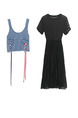 Blue and Black Denim Two-Piece A-Line Contrast Drawstring Pleated Edging Midi Dress for Casual Party