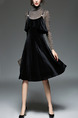 Black Velvet Shiner Slim A-Line Two-Piece Strap Ruffled Knee Length Long Sleeve Dress for Party Evening