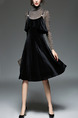 Black Velvet Shiner Slim A-Line Two-Piece Strap Ruffled Knee Length Long Sleeve Dress for Party Evening
