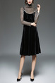 Black Velvet Shiner Slim A-Line Two-Piece Strap Ruffled Knee Length Long Sleeve Dress for Party Evening