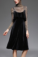 Black Velvet Shiner Slim A-Line Two-Piece Strap Ruffled Knee Length Long Sleeve Dress for Party Evening