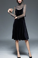 Black Velvet Shiner Slim A-Line Two-Piece Strap Ruffled Knee Length Long Sleeve Dress for Party Evening