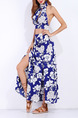 Blue and White Slim Two-Piece Printed Hang Neck Band A-Line Furcal Open Back Maxi Floral Dress for Casual Beach
