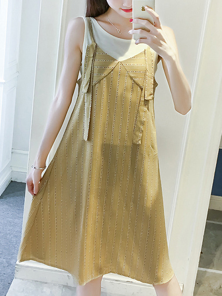 Beige and White Loose A-Line Two-Piece Contrast Stripe Knee Length Dress for Casual