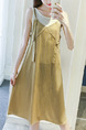 Beige and White Loose A-Line Two-Piece Contrast Stripe Knee Length Dress for Casual
