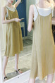 Beige and White Loose A-Line Two-Piece Contrast Stripe Knee Length Dress for Casual