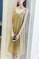 Beige and White Loose A-Line Two-Piece Contrast Stripe Knee Length Dress for Casual