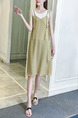 Beige and White Loose A-Line Two-Piece Contrast Stripe Knee Length Dress for Casual