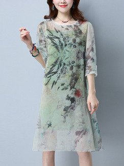 Green Two-Piece Laced Round Neck Right Fural Printed See-Through Dress for Casual