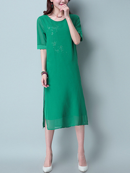 Green Plus Size Round Neck Located Printing Furcal Chinese Button Dress for Casual Party