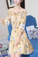 Beige Printed A-Line Off-Shoulder Band Ruffled  Laced Lantern Sleeve Adjustable Waist  Dress for Casual Party