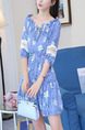 Blue Printed A-Line Off-Shoulder Band Ruffled Laced Lantern Sleeve Adjustable Waist  Dress for Casual Party
