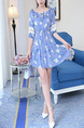 Blue Printed A-Line Off-Shoulder Band Ruffled Laced Lantern Sleeve Adjustable Waist  Dress for Casual Party