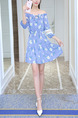 Blue Printed A-Line Off-Shoulder Band Ruffled Laced Lantern Sleeve Adjustable Waist  Dress for Casual Party