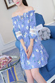 Blue Printed A-Line Off-Shoulder Band Ruffled Laced Lantern Sleeve Adjustable Waist  Dress for Casual Party