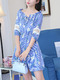 Blue Printed A-Line Off-Shoulder Band Ruffled Laced Lantern Sleeve Adjustable Waist  Dress for Casual Party
