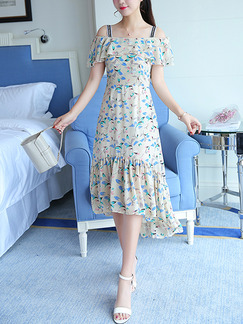 Beige Colorful Printed Off-Shoulder Strap Ruffled Fishtail Dress for Casual Party