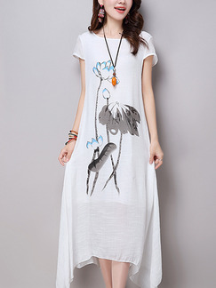 White Located Printing Round Neck Asymmetrical Hem Dress for Casual