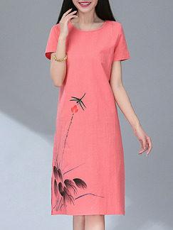 Pink Plus Size Round Neck Located Printing Furcal Dress for Casual