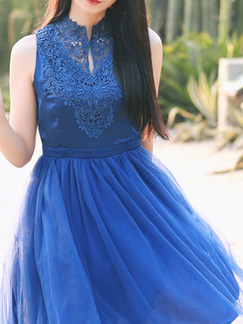 Blue A-Line Mesh Lace Cutout High Waist Dress for Casual Party