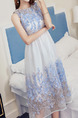 White and Blue Slim Located Printing Mesh See-Through High Waist Dress for Casual Party
