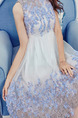 White and Blue Slim Located Printing Mesh See-Through High Waist Dress for Casual Party